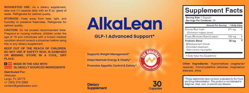 AlkaLean Supplement Facts label: serving size 1 capsule, 30 servings; Chicory Root Inulin 211 mg, Potato Resistant Starch 100 mg, probiotic blend 36 mg of Bifidobacterium infantis, Clostridium butyricum and Akkermansia muciniphila