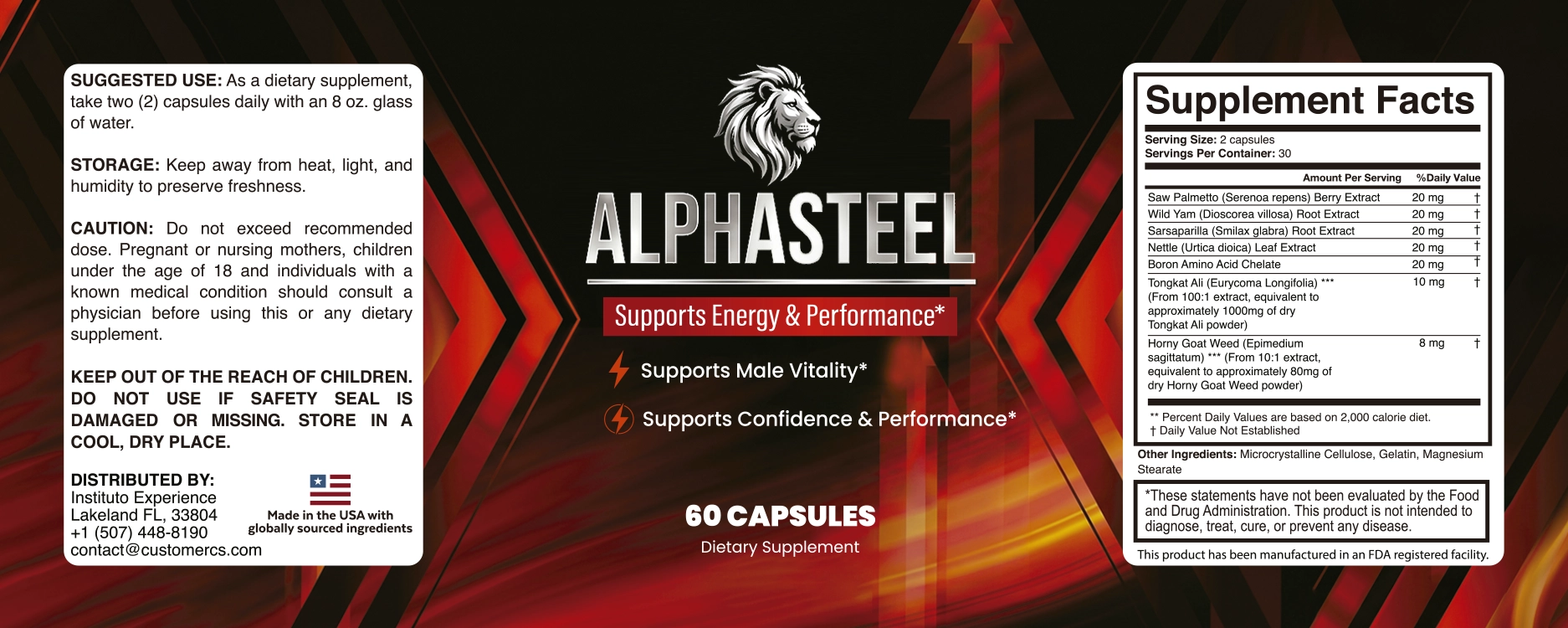 AlphaSteel label with Supplement Facts per 2 capsules: Saw Palmetto Berry Extract 20 mg, Wild Yam Root Extract 20 mg, Sarsaparilla Root Extract 20 mg, Nettle Leaf Extract 20 mg, Boron Amino Acid Chelate 20 mg, Tongkat Ali 10 mg and Horny Goat Weed 8 mg