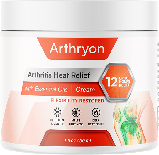 Arthryon Arthritis Heat Relief Cream jar with essential oils, 1 fl oz, white and orange label