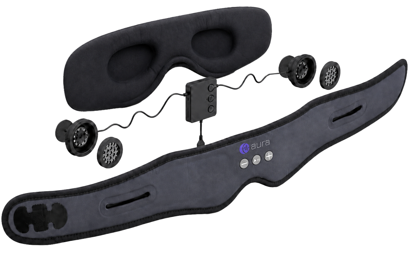 Official Aura image showing the mask, the removable speakers and the control module