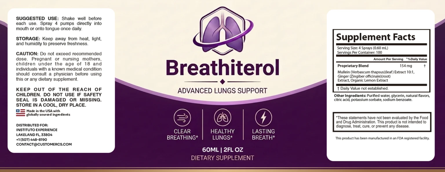 Breathiterol Supplement Facts label: serving size 4 sprays (0.60 mL), 100 servings per container, proprietary blend 154 mg with Mullein (Verbascum thapsus) leaf extract 10:1, Ginger (Zingiber officinale) root extract and Organic Lemon Extract