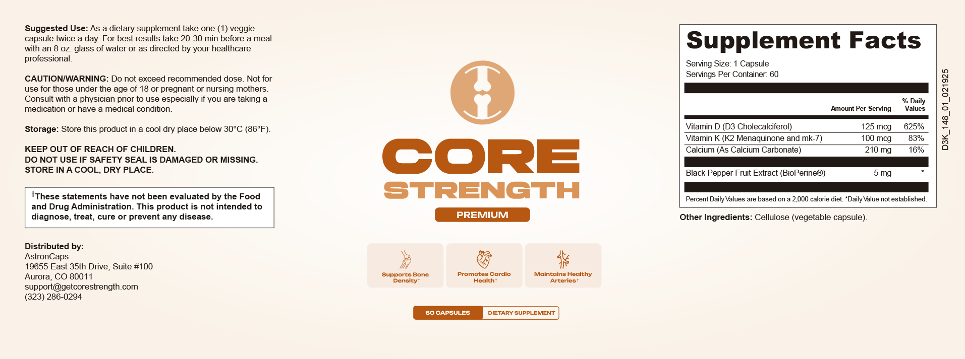CoreStrength Supplement Facts label: serving size 1 capsule, 60 servings; Vitamin D3 (cholecalciferol) 125 mcg 625% DV, Vitamin K2 (menaquinone MK-7) 100 mcg 83% DV, Calcium (as calcium carbonate) 210 mg 16% DV, Black Pepper Fruit Extract (BioPerine) 5 mg