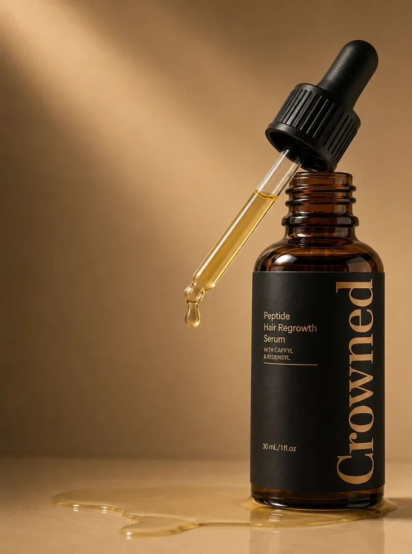 Official Crowned image of the amber dropper bottle with a drop of serum