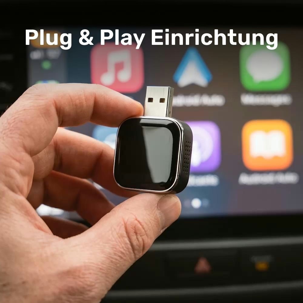 Offizielles DrivePair-Bild: Plug & Play Einrichtung des Adapters vor dem Autodisplay