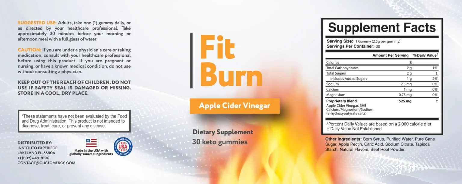 Fit Burn label with Supplement Facts: 1 gummy per serving, 30 servings, 8 calories, Proprietary Blend 525 mg with Apple Cider Vinegar and BHB Calcium, Magnesium and Sodium (beta-hydroxybutyrate salts)
