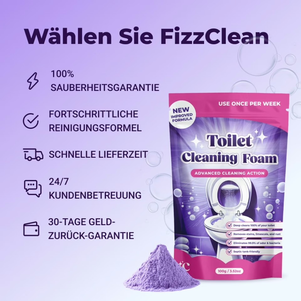 Offizielles FizzClean-Bild: 100% Sauberkeitsgarantie, fortschrittliche Reinigungsformel, schnelle Lieferzeit, 24/7 Kundenbetreuung und 30-Tage-Geld-zurück-Garantie, laut Marke