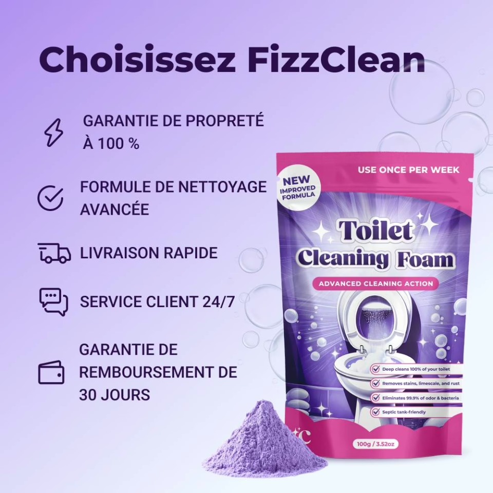 Image officielle FizzClean : garantie de propreté à 100 %, formule de nettoyage avancée, livraison rapide, service client 24/7 et garantie de remboursement de 30 jours, selon la marque