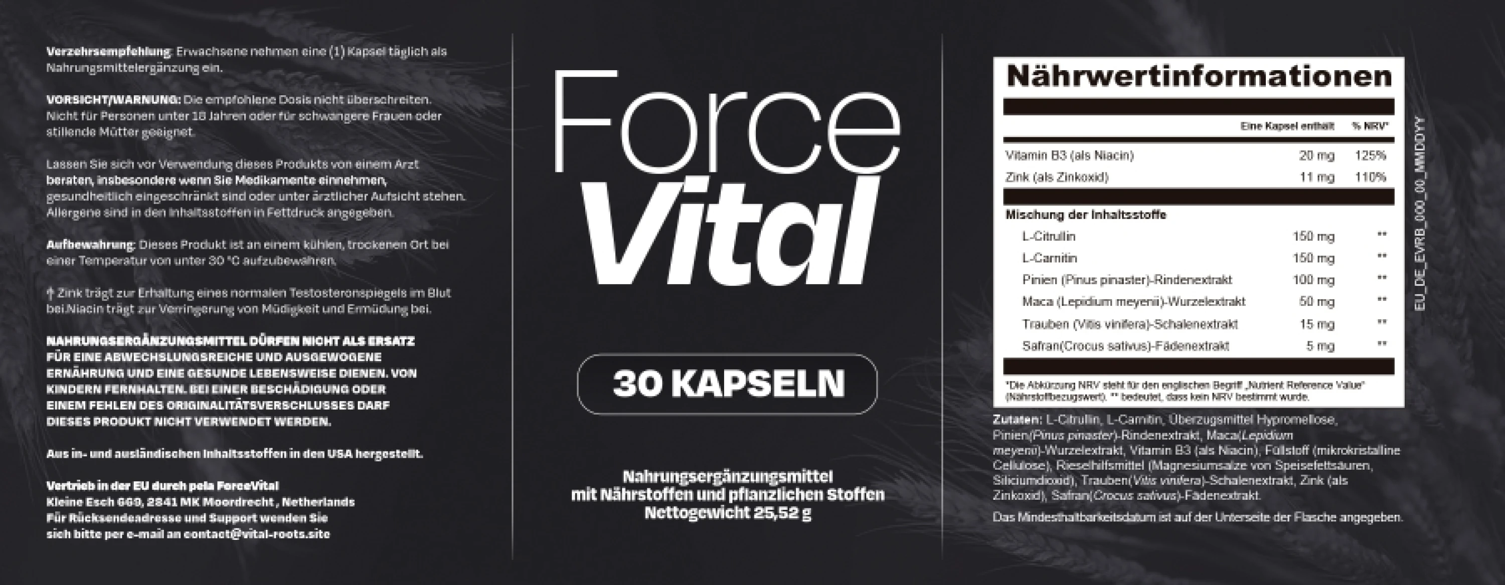 Offizielles Etikett von ForceVital: Vitamin B3 20 mg, Zink 11 mg, L-Citrullin 150 mg, L-Carnitin 150 mg, Pinien-Rindenextrakt 100 mg, Maca-Wurzelextrakt 50 mg, Trauben-Schalenextrakt 15 mg, Safran-Fädenextrakt 5 mg