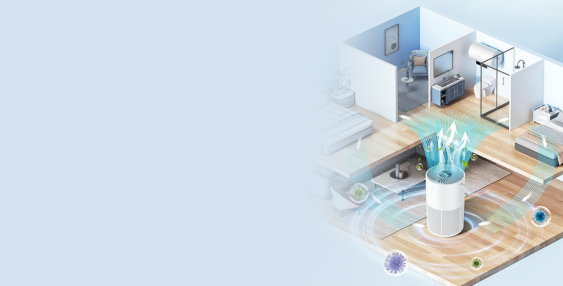 Official Freshia image of the purifier circulating air in a home
