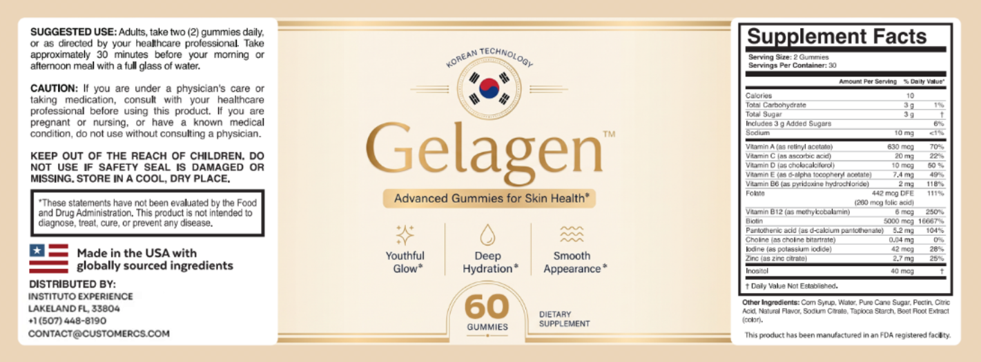 Gelagen label with Supplement Facts: 2 gummies per serving, 30 servings, Vitamin A 630 mcg, Vitamin C 20 mg, Vitamin D 10 mcg, Vitamin E 7.4 mg, Vitamin B6 2 mg, Folate 442 mcg DFE, Vitamin B12 6 mcg, Biotin 5000 mcg, Pantothenic Acid 5.2 mg, Choline 0.04 mg, Iodine 42 mcg, Zinc 2.7 mg and Inositol 40 mcg