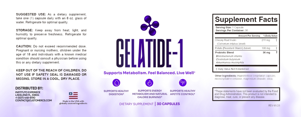 Gelatide-1 label with Supplement Facts: 1 capsule per serving, 30 servings, Chicory Root Inulin 211 mg, Potato Resistant Starch 100 mg and a 36 mg Probiotic Blend of Bifidobacterium infantis, Clostridium butyricum and Akkermansia muciniphila