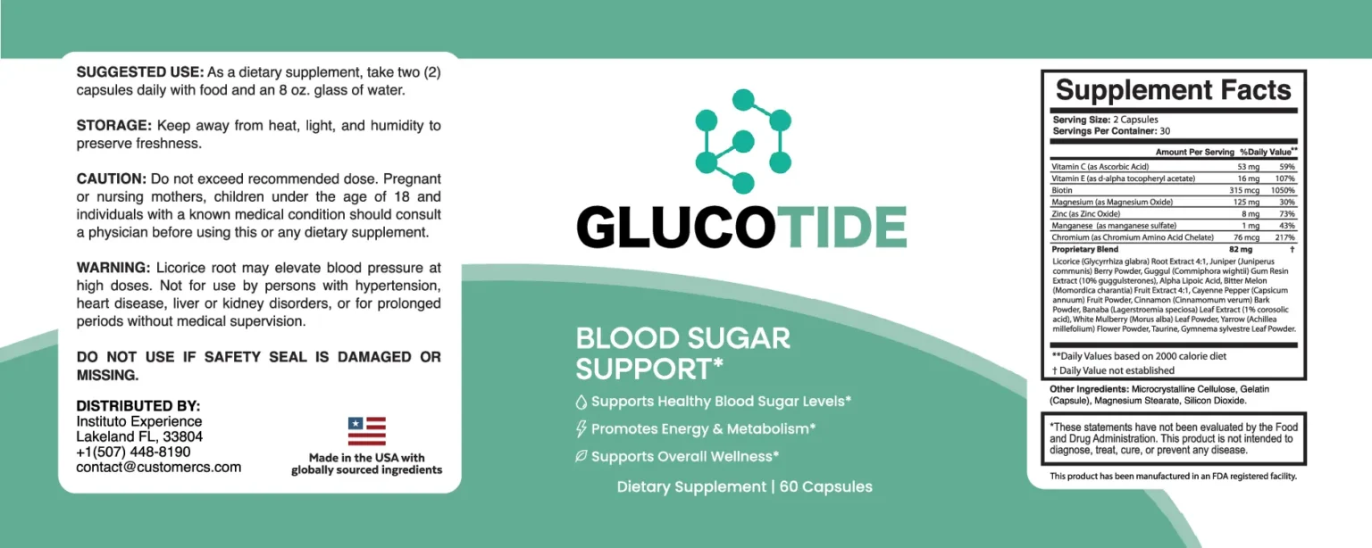 Glucotide Supplement Facts label: Vitamin C, as ascorbic acid, Vitamin E, as d-alpha tocopheryl acetate, Biotin, Magnesium, as magnesium oxide, Zinc, as zinc oxide, Manganese, as manganese sulfate, Chromium, as chromium amino acid chelate, Licorice (Glycyrrhiza glabra) Root Extract 4:1, Juniper (Juniperus communis) Berry Powder, Guggul (Commiphora wightii) Gum Resin Extract (10% guggulsterones), Alpha Lipoic Acid, Bitter Melon (Momordica charantia) Fruit Extract 4:1, Cayenne Pepper (Capsicum annuum) Fruit Powder, Cinnamon (Cinnamomum verum) Bark Powder, Banaba (Lagerstroemia speciosa) Leaf Extract (1% corosolic acid), White Mulberry (Morus alba) Leaf Powder, Yarrow (Achillea millefolium) Flower Powder, Taurine, Gymnema sylvestre Leaf Powder (82 mg proprietary blend)