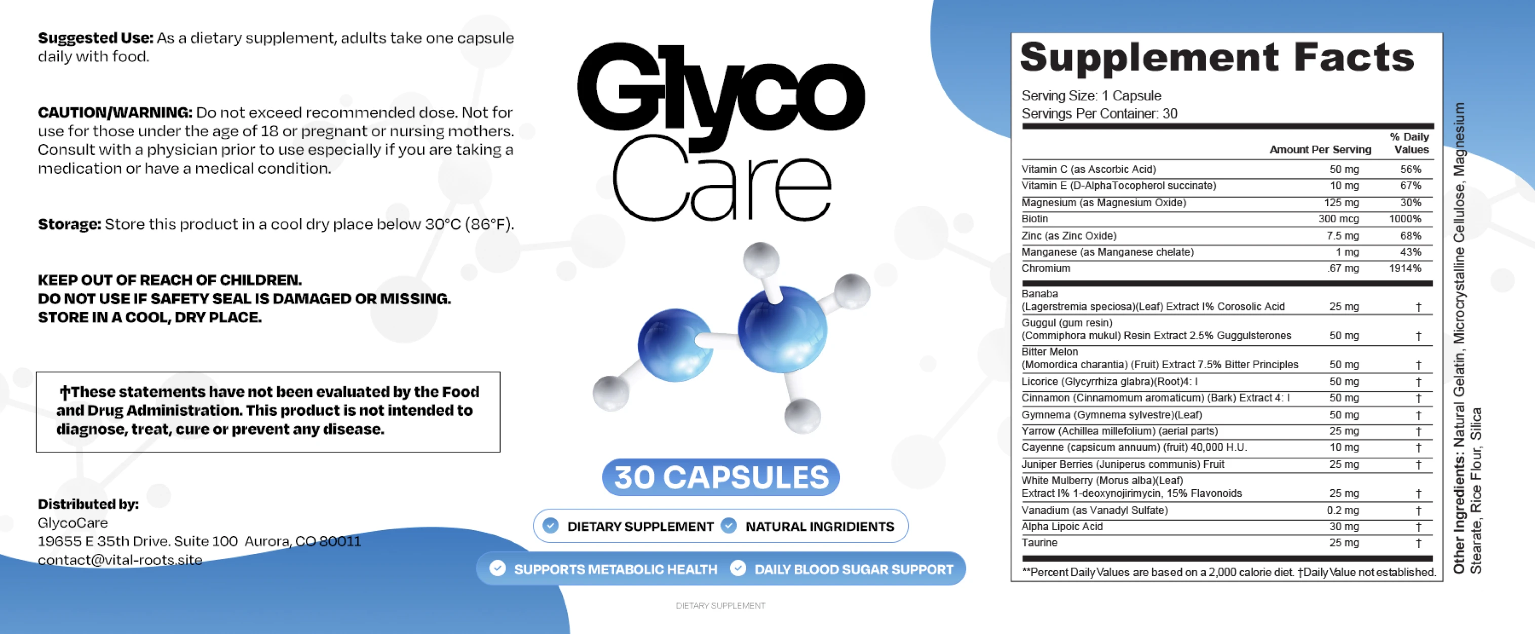 GlycoCare label with Supplement Facts, 1 capsule per serving, 30 servings: Vitamin C 50 mg, Vitamin E 10 mg, Magnesium 125 mg, Biotin 300 mcg, Zinc 7.5 mg, Manganese 1 mg, Chromium 0.67 mg, Banaba leaf extract 25 mg, Guggul resin extract 50 mg, Bitter Melon fruit extract 50 mg, Licorice root 4:1 50 mg, Cinnamon bark extract 4:1 50 mg, Gymnema leaf 50 mg, Yarrow 25 mg, Cayenne 10 mg, Juniper Berries 25 mg, White Mulberry leaf extract 25 mg, Vanadium 0.2 mg, Alpha Lipoic Acid 30 mg, Taurine 25 mg