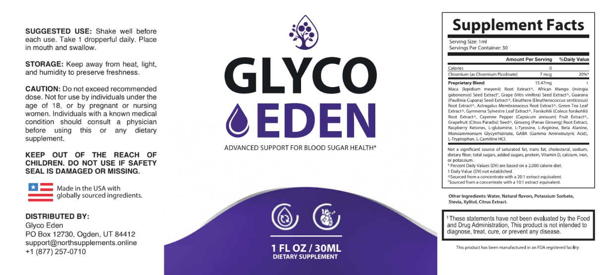 GlycoEden Supplement Facts: Chromium 7 mcg and a 15.47 mg Proprietary Blend with Maca Root Extract, African Mango Seed Extract, Grape Seed Extract, Guarana Seed Extract, Eleuthero Root Extract, Astragalus Root Extract, Green Tea Leaf Extract, Gymnema Sylvestre Leaf Extract, Forskohlii Root Extract, Cayenne Pepper Fruit Extract, Grapefruit Seed, Ginseng Root Extract, Raspberry Ketones, L-Glutamine, L-Tyrosine, L-Arginine, Beta Alanine, Monoammonium Glycyrrhizinate, GABA, L-Tryptophan and L-Carnitine HCl, 1 fl oz (30 ml)