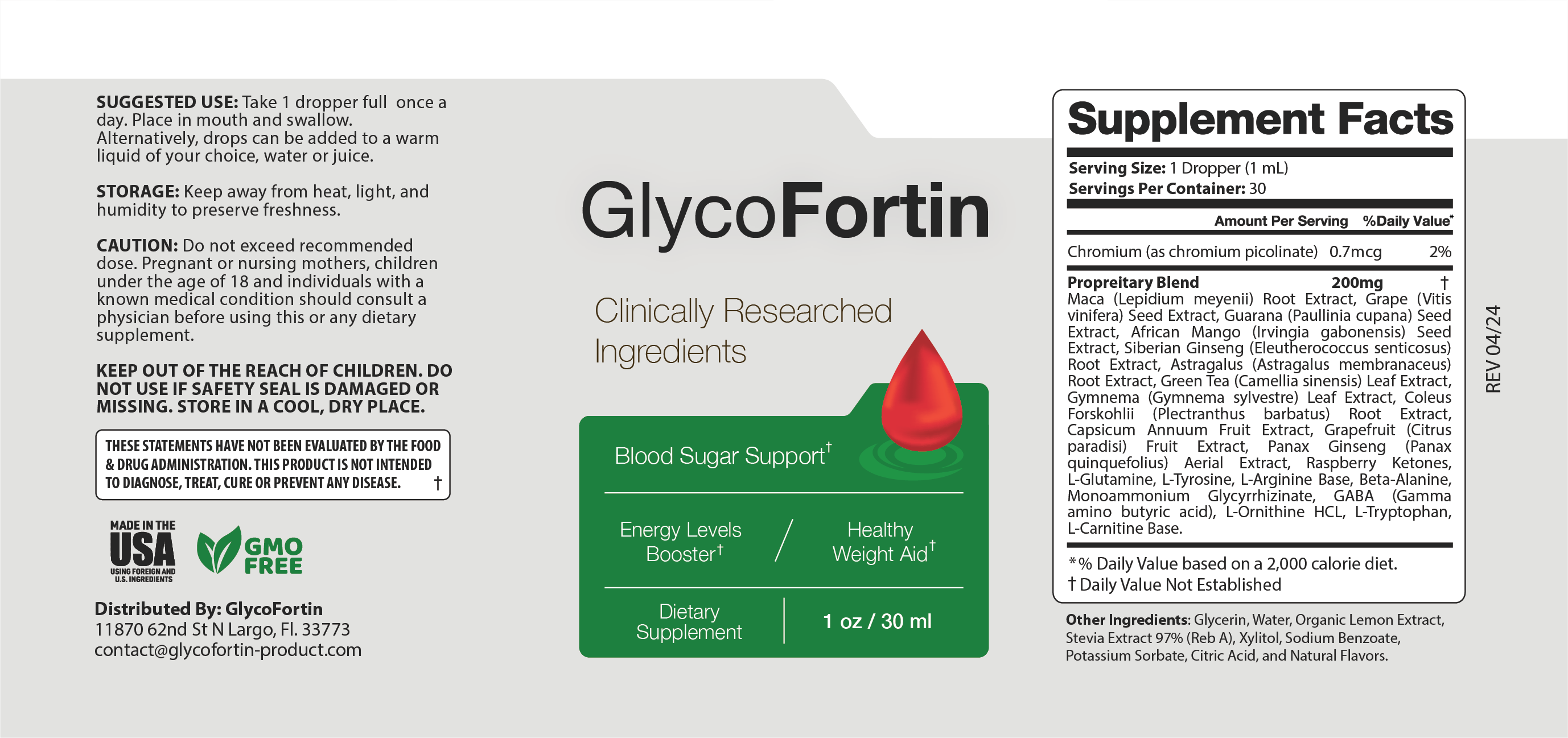 GlycoFortin Supplement Facts label: Chromium 0.7 mcg and a 200 mg Proprietary Blend of Maca Root Extract, Grape Seed Extract, Guarana Seed Extract, African Mango Seed Extract, Siberian Ginseng Root Extract, Astragalus Root Extract, Green Tea Leaf Extract, Gymnema Leaf Extract, Coleus Forskohlii Root Extract, Capsicum Annuum Fruit Extract, Grapefruit Fruit Extract, Panax Ginseng Aerial Extract, Raspberry Ketones, L-Glutamine, L-Tyrosine, L-Arginine Base, Beta-Alanine, Monoammonium Glycyrrhizinate, GABA, L-Ornithine HCL, L-Tryptophan and L-Carnitine Base