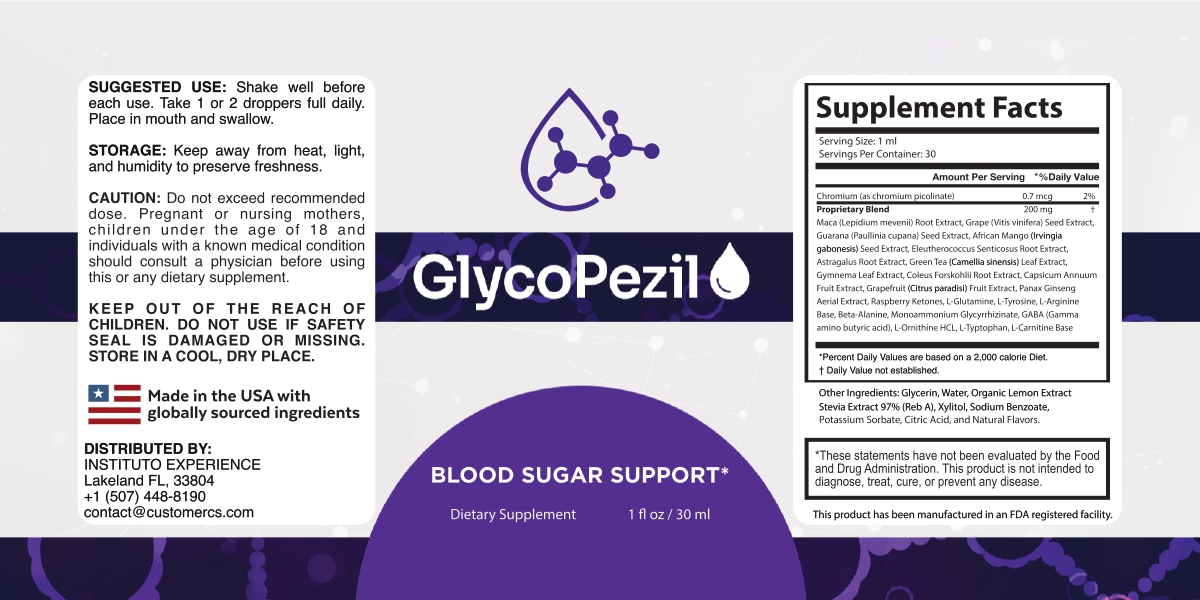 GlycoPezil label with Supplement Facts: 1 ml per serving, 30 servings, Chromium 0.7 mcg, Proprietary Blend 200 mg with Maca, Grape Seed, Guarana, African Mango, Eleutherococcus, Astragalus, Green Tea, Gymnema, Coleus Forskohlii, Capsicum, Grapefruit, Panax Ginseng, Raspberry Ketones, L-Glutamine, L-Tyrosine, L-Arginine, Beta-Alanine, Monoammonium Glycyrrhizinate, GABA, L-Ornithine, L-Tryptophan and L-Carnitine