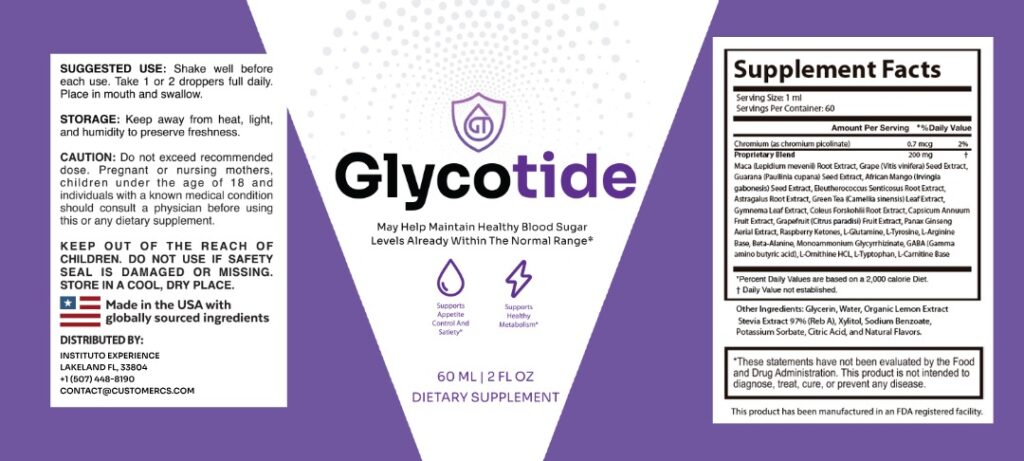 Glycotide Supplement Facts label: Chromium, as chromium picolinate, Maca (Lepidium meyenii) Root Extract, Grape (Vitis vinifera) Seed Extract, Guarana (Paullinia cupana) Seed Extract, African Mango (Irvingia gabonensis) Seed Extract, Eleutherococcus Senticosus Root Extract, Astragalus Root Extract, Green Tea (Camellia sinensis) Leaf Extract, Gymnema Leaf Extract, Coleus Forskohlii Root Extract, Capsicum Annuum Fruit Extract, Grapefruit (Citrus paradisi) Fruit Extract, Panax Ginseng Aerial Extract, Raspberry Ketones, L-Glutamine, L-Tyrosine, L-Arginine Base, Beta-Alanine, Monoammonium Glycyrrhizinate, GABA (Gamma amino butyric acid), L-Ornithine HCL, L-Tryptophan, L-Carnitine Base (200 mg proprietary blend)