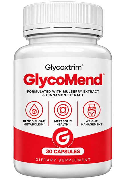 Bottle of Glycoxtrim dietary supplement formulated with mulberry extract and cinnamon extract, 30 capsules