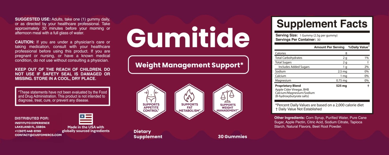Gumitide label with Supplement Facts: 1 gummy per serving, 30 servings, proprietary blend 525 mg with Apple Cider Vinegar and BHB Calcium/Magnesium/Sodium (beta-hydroxybutyrate salts)
