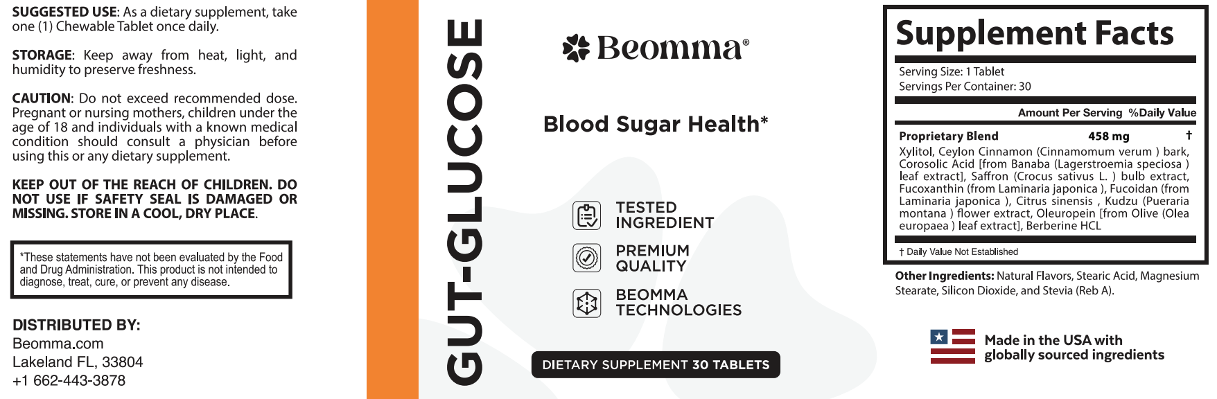 GutGlucose Supplement Facts label: serving size 1 chewable tablet, 30 servings; proprietary blend 458 mg of xylitol, Ceylon cinnamon bark, Corosolic Acid from banaba leaf extract, saffron bulb extract, fucoxanthin, fucoidan, Citrus sinensis, kudzu flower extract, Oleuropein from olive leaf extract and berberine HCL
