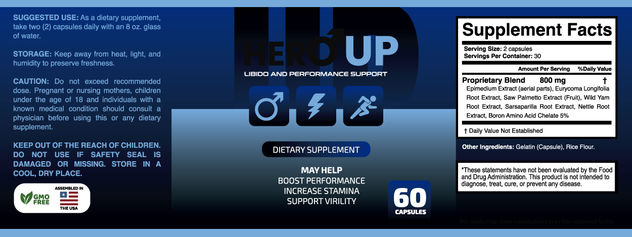 HeroUP Supplement Facts label: 2 capsules per serving, 30 servings; Proprietary Blend 800 mg with Epimedium Extract (aerial parts), Eurycoma Longifolia Root Extract, Saw Palmetto Extract (Fruit), Wild Yam Root Extract, Sarsaparilla Root Extract, Nettle Root Extract and Boron Amino Acid Chelate 5%; other ingredients: gelatin (capsule) and rice flour