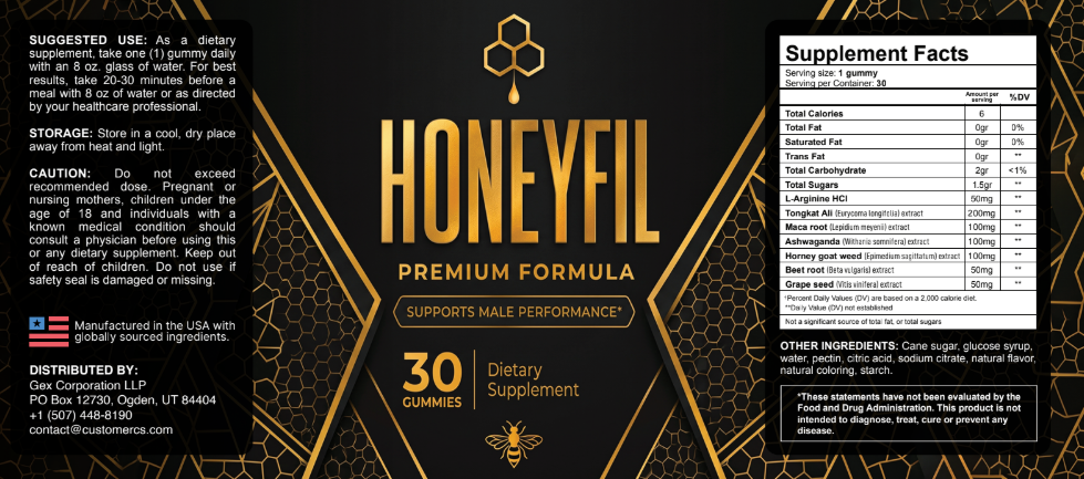 HoneyFil Premium label with Supplement Facts per gummy: L-Arginine HCl 50 mg, Tongkat Ali extract 200 mg, Maca Root extract 100 mg, Ashwagandha extract 100 mg, Horny Goat Weed extract 100 mg, Beet Root extract 50 mg and Grape Seed extract 50 mg