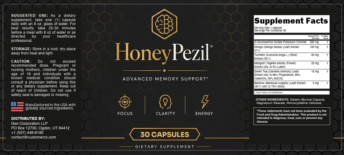 HoneyPezil Supplement Facts label: serving size 1 capsule, 30 servings per container, D-Glucosamine Sulfate Potassium Chloride 250 mg, Ginkgo biloba leaf extract 100 mg, Turmeric root extract 50 mg, Marigold flower extract (5% lutein) 25 mg, Green Tea leaf extract 15 mg and Bamboo leaf extract (70% silica) 5 mg