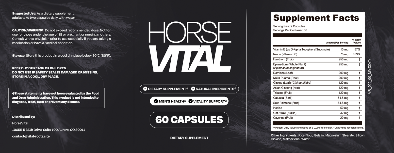 HorseVital label with Supplement Facts: 2 capsules per serving, 30 servings, Vitamin E 13 mg, Niacin 75 mg, Hawthorn 250 mg, Epimedium 250 mg, Damiana 200 mg, Muira Puama 200 mg, Ginkgo 120 mg, Asian Ginseng 120 mg, Tribulus 120 mg, Catuaba 84.5 mg, Saw Palmetto 84.5 mg, Inosine 50 mg, Oat Straw 32 mg, Cayenne 20 mg