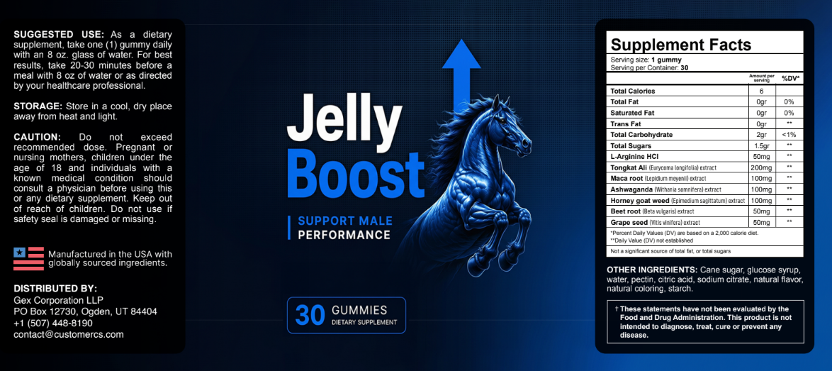 JellyBoost label with Supplement Facts per gummy: L-Arginine HCl 50 mg, Tongkat Ali extract 200 mg, Maca Root extract 100 mg, Ashwagandha extract 100 mg, Horny Goat Weed extract 100 mg, Beet Root extract 50 mg and Grape Seed extract 50 mg