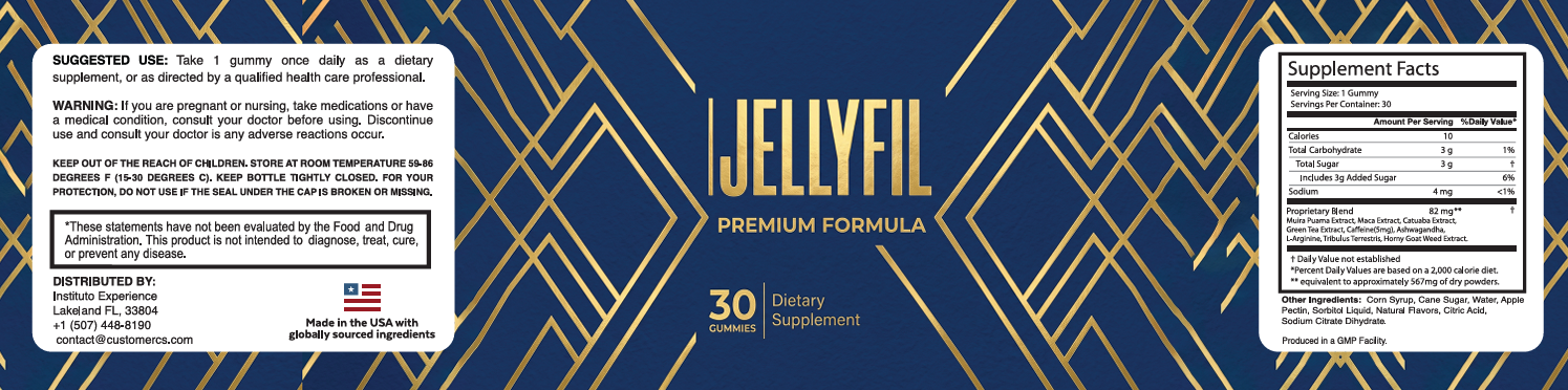JellyFil label with Supplement Facts: 1 gummy per serving, 30 servings, proprietary blend 82 mg with Muira Puama Extract, Maca Extract, Catuaba Extract, Green Tea Extract, Caffeine (5 mg), Ashwagandha, L-Arginine, Tribulus Terrestris and Horny Goat Weed Extract