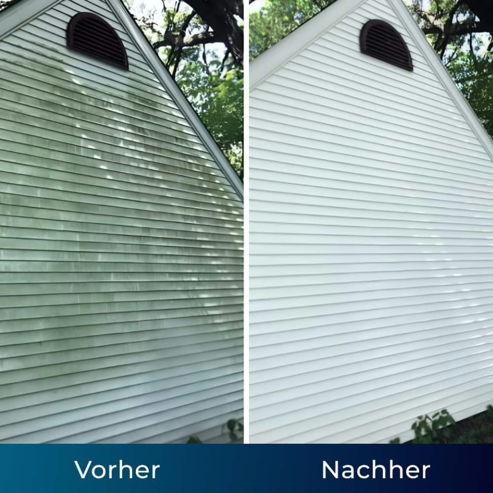 Vorher und nachher: Fassade, gereinigt mit der Jetterix-Schlauchdüse, laut Marke