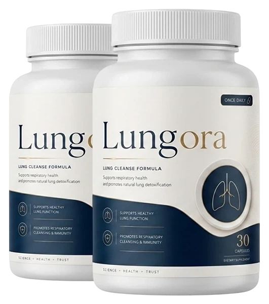 Two bottles of Lungora lung cleanse formula capsules, 30 capsules each