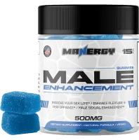 Pot de MANERGY Male Enhancement Gummies avec deux gommes bleues