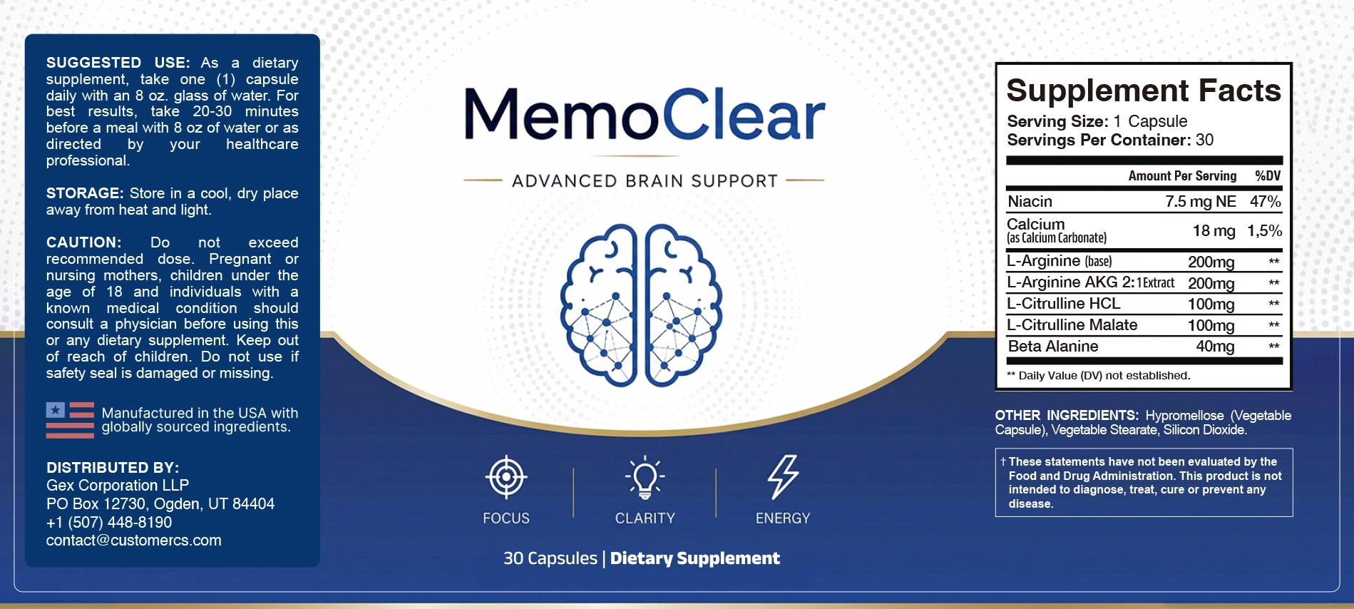 MemoClear Supplement Facts label: serving size 1 capsule, 30 servings per container, Niacin 7.5 mg NE, Calcium (as Calcium Carbonate) 18 mg, L-Arginine (base) 200 mg, L-Arginine AKG 2:1 Extract 200 mg, L-Citrulline HCL 100 mg, L-Citrulline Malate 100 mg and Beta Alanine 40 mg