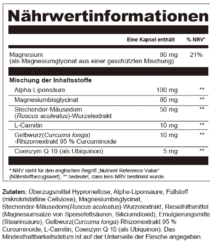 Nährwertinformationen von MemoGuard: Magnesium 80 mg (21 % NRV) als Magnesiumbisglycinat, Alpha-Liponsäure 100 mg, Stechender Mäusedorn (Wurzelextrakt) 50 mg, L-Carnitin 10 mg, Gelbwurz (Rhizomextrakt) 10 mg, Coenzym Q10 5 mg pro Kapsel