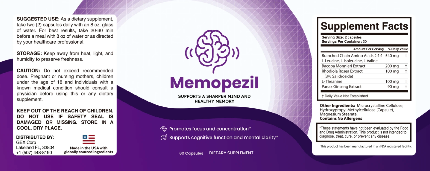 Memopezil Supplement Facts label: serving size 2 capsules, 30 servings per container, Branched Chain Amino Acids 2:1:1 (L-Leucine, L-Isoleucine, L-Valine) 540 mg, Bacopa Monnieri Extract 200 mg, Rhodiola Rosea Extract (3% Salidroside) 100 mg, L-Theanine 100 mg and Panax Ginseng Extract 90 mg