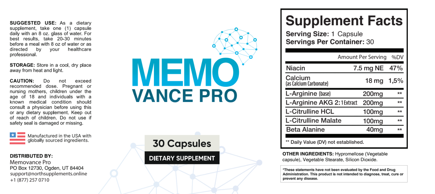 Memovance PRO Supplement Facts: Niacin 7.5 mg NE, Calcium 18 mg, L-Arginine 200 mg, L-Arginine AKG 200 mg, L-Citrulline HCL 100 mg, L-Citrulline Malate 100 mg, Beta Alanine 40 mg, 30 capsules