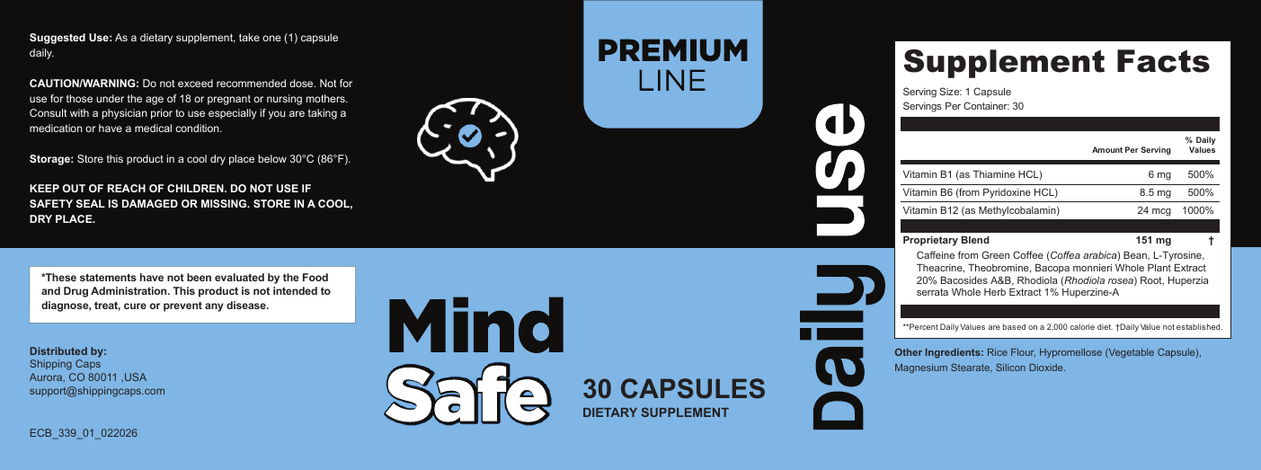 Mind Safe Supplement Facts label: serving size 1 capsule, 30 servings per container; Vitamin B1 (as Thiamine HCL) 6 mg, Vitamin B6 (from Pyridoxine HCL) 8.5 mg, Vitamin B12 (as Methylcobalamin) 24 mcg; proprietary blend 151 mg with Caffeine from Green Coffee (Coffea arabica) Bean, L-Tyrosine, Theacrine, Theobromine, Bacopa monnieri Whole Plant Extract (20% bacosides A&B), Rhodiola (Rhodiola rosea) Root and Huperzia serrata Whole Herb Extract (1% huperzine A); other ingredients: rice flour, hypromellose, magnesium stearate, silicon dioxide