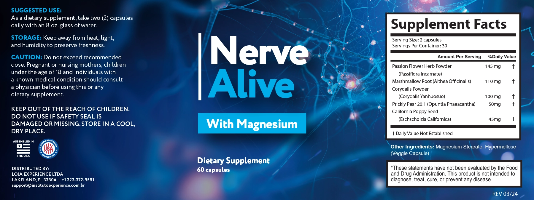 Nerve Alive label with Supplement Facts per 2 capsules: Passion Flower Herb Powder 145 mg, Marshmallow Root 110 mg, Corydalis Powder 100 mg, Prickly Pear 20:1 50 mg and California Poppy Seed 45 mg