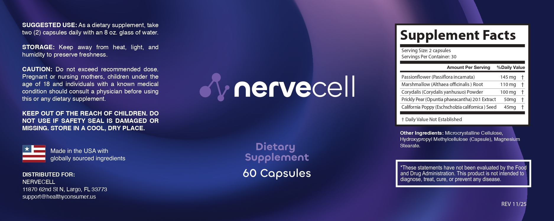 NerveCell label with Supplement Facts: 2 capsules per serving, 30 servings, Passionflower 145 mg, Marshmallow root 110 mg, Corydalis powder 100 mg, Prickly Pear 20:1 extract 50 mg, California Poppy seed 45 mg