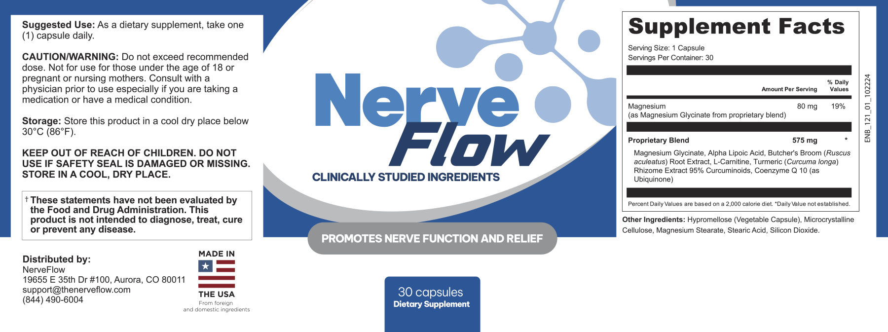 NerveFlow Supplement Facts label: serving size 1 capsule, 30 servings; Magnesium 80 mg (19% DV) as Magnesium Glycinate; proprietary blend 575 mg of Magnesium Glycinate, Alpha Lipoic Acid, Butcher's Broom Root Extract, L-Carnitine, Turmeric Rhizome Extract 95% curcuminoids and Coenzyme Q10 as ubiquinone
