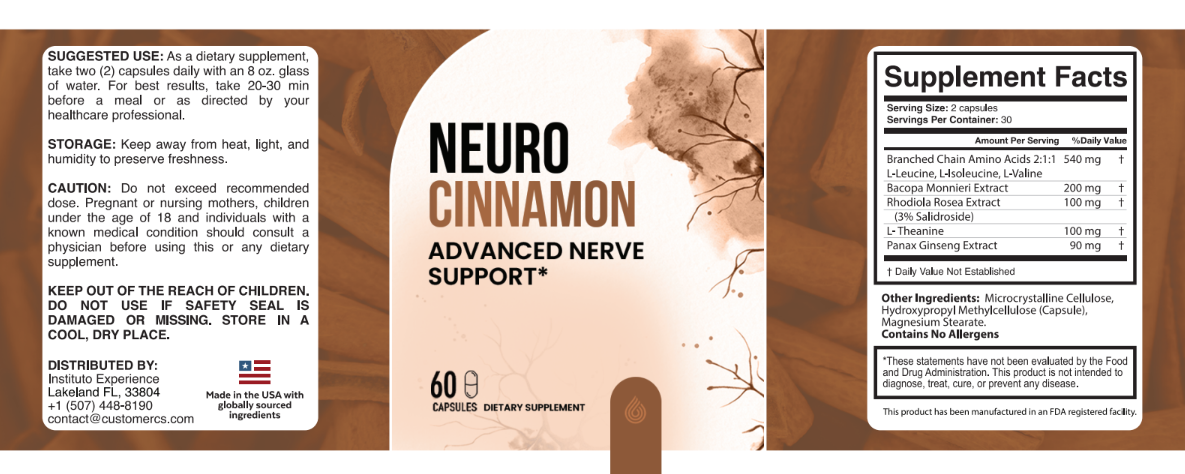 Neuro Cinnamon Supplement Facts label: serving size 2 capsules, 30 servings per container, Branched Chain Amino Acids 2:1:1 (L-Leucine, L-Isoleucine, L-Valine) 540 mg, Bacopa Monnieri Extract 200 mg, Rhodiola Rosea Extract (3% Salidroside) 100 mg, L-Theanine 100 mg and Panax Ginseng Extract 90 mg