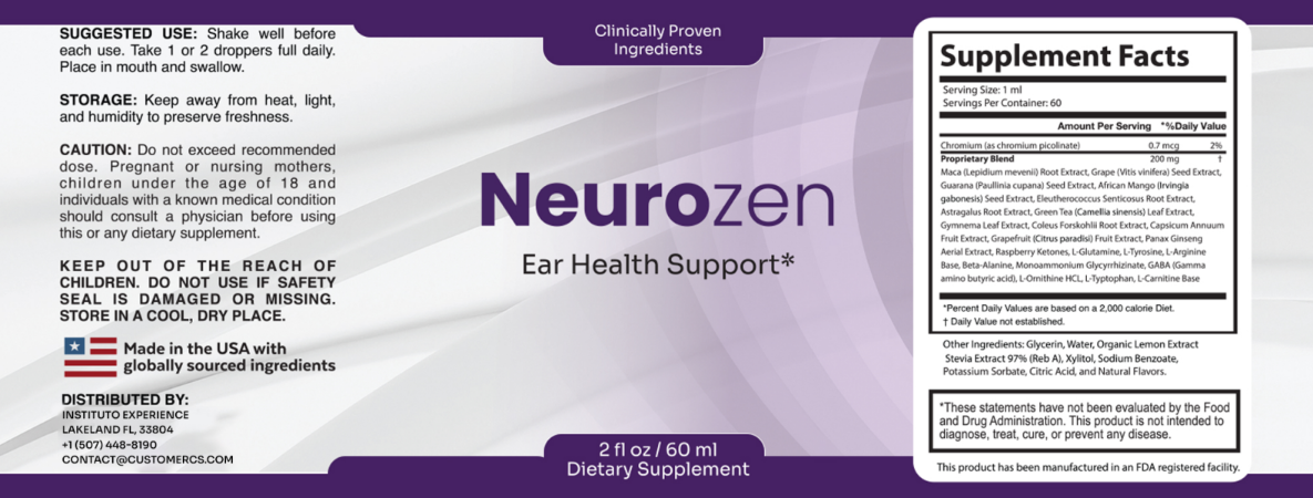 NeuroZen label with Supplement Facts: 1 ml per serving, 60 servings, Chromium 0.7 mcg, Proprietary Blend 200 mg with Maca, Grape Seed, Guarana, African Mango, Eleutherococcus, Astragalus, Green Tea, Gymnema, Coleus Forskohlii, Capsicum, Grapefruit, Panax Ginseng, Raspberry Ketones, L-Glutamine, L-Tyrosine, L-Arginine, Beta-Alanine, Monoammonium Glycyrrhizinate, GABA, L-Ornithine, L-Tryptophan and L-Carnitine