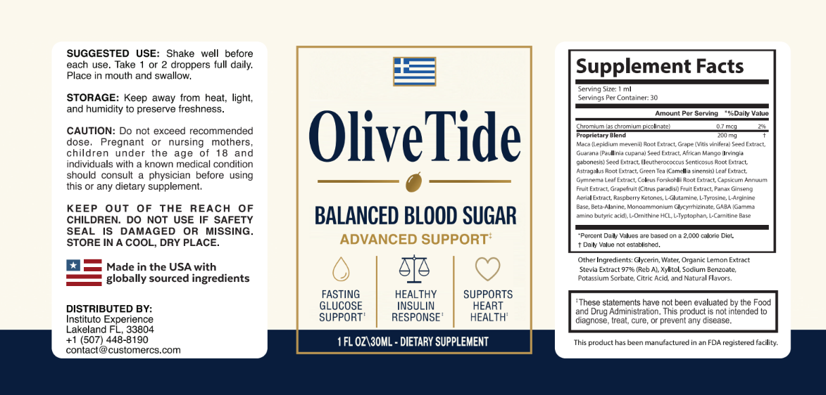 OliveTide Supplement Facts label: Chromium, as chromium picolinate, Maca (Lepidium meyenii) Root Extract, Grape (Vitis vinifera) Seed Extract, Guarana (Paullinia cupana) Seed Extract, African Mango (Irvingia gabonensis) Seed Extract, Eleutherococcus Senticosus Root Extract, Astragalus Root Extract, Green Tea (Camellia sinensis) Leaf Extract, Gymnema Leaf Extract, Coleus Forskohlii Root Extract, Capsicum Annuum Fruit Extract, Grapefruit (Citrus paradisi) Fruit Extract, Panax Ginseng Aerial Extract, Raspberry Ketones, L-Glutamine, L-Tyrosine, L-Arginine Base, Beta-Alanine, Monoammonium Glycyrrhizinate, GABA (Gamma amino butyric acid), L-Ornithine HCL, L-Tryptophan, L-Carnitine Base (200 mg proprietary blend)