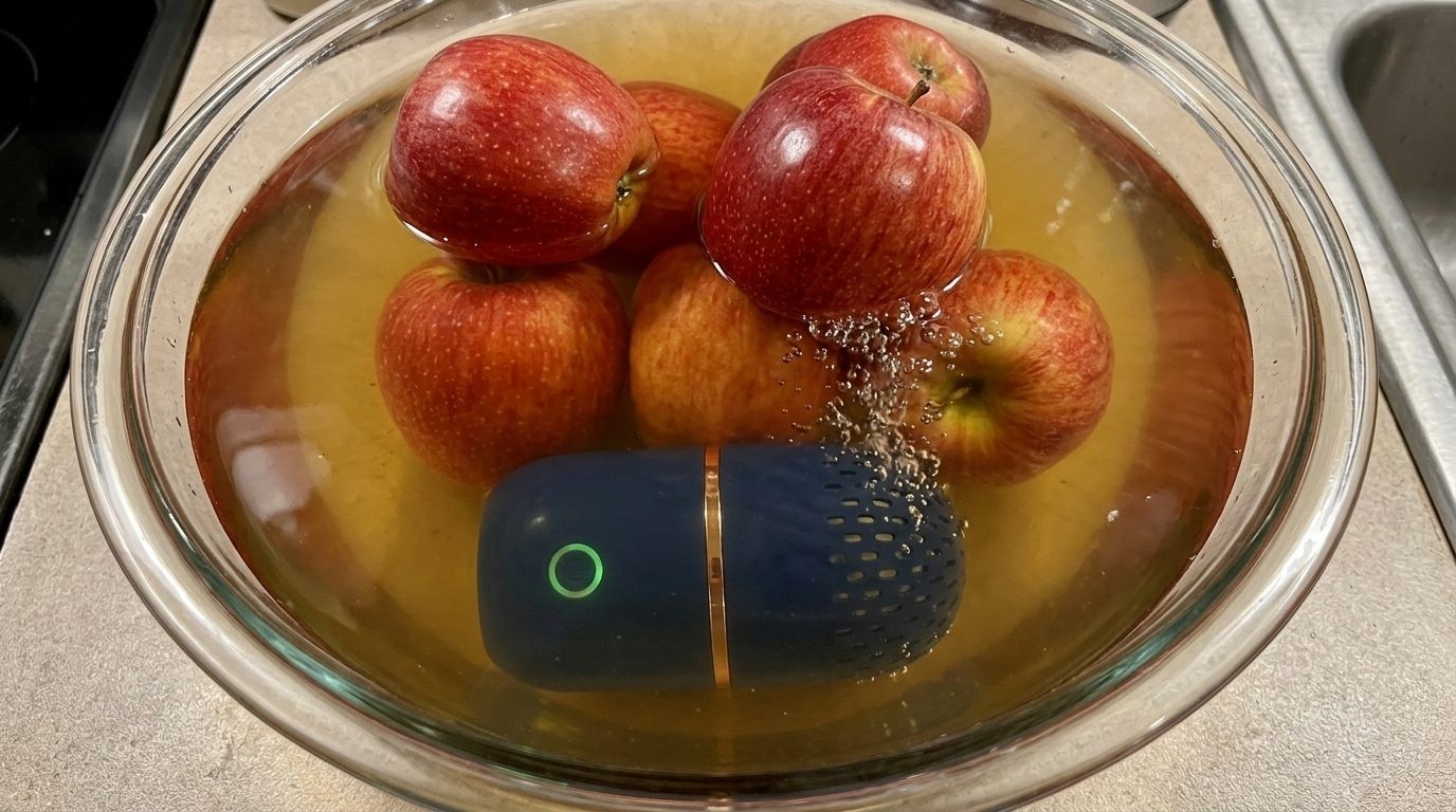 PodBloom in einer Schüssel Wasser mit Äpfeln, offizielles Bild der Marke