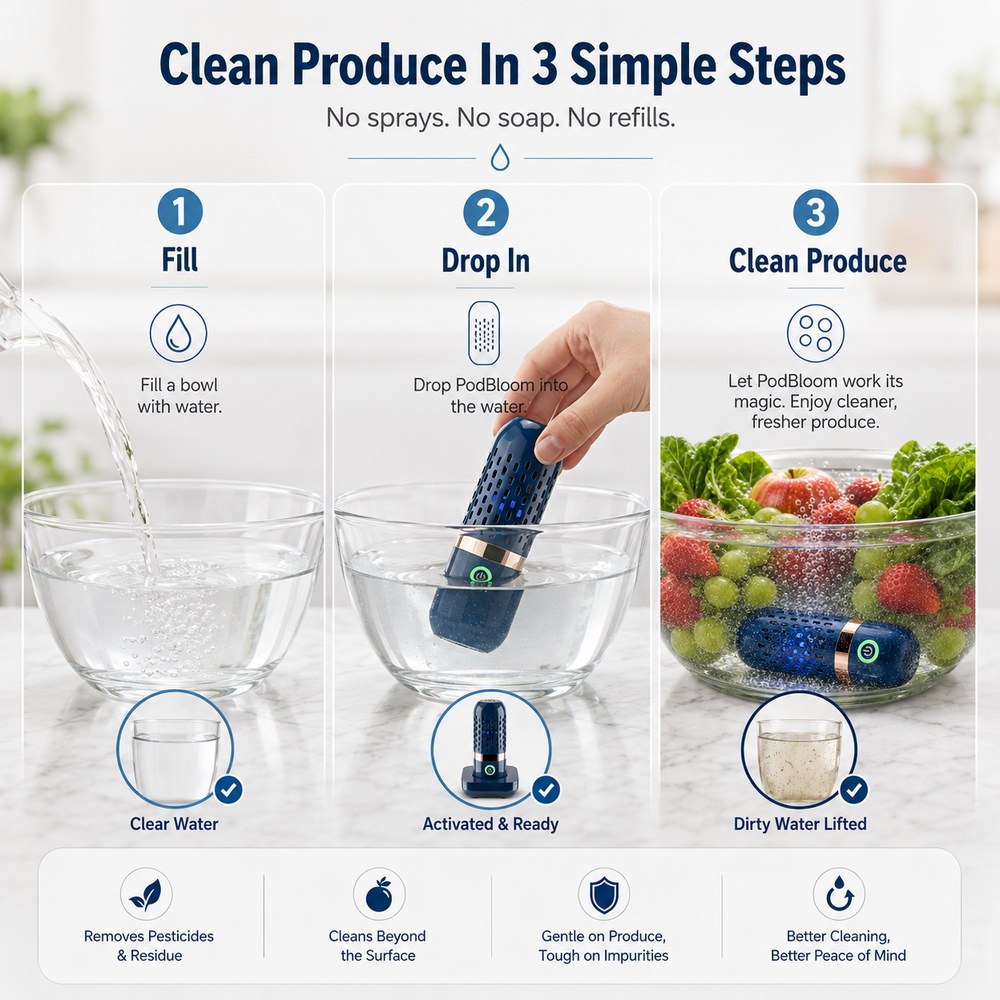 Official PodBloom image with the 3 steps: fill a bowl, drop in the pod, clean produce