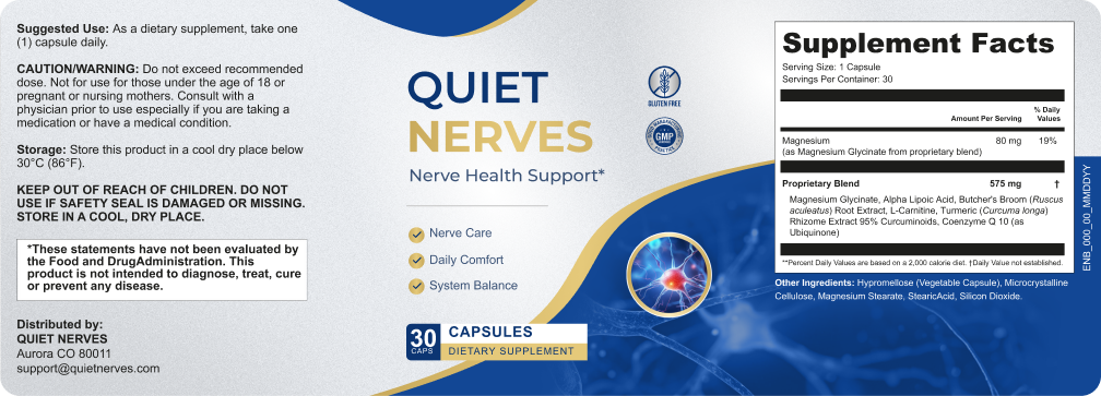 Quiet Nerves Supplement Facts: Magnesium 80 mg as Magnesium Glycinate and a 575 mg Proprietary Blend with Magnesium Glycinate, Alpha Lipoic Acid, Butcher's Broom, L-Carnitine, Turmeric Rhizome Extract 95% Curcuminoids and Coenzyme Q10, 30 capsules