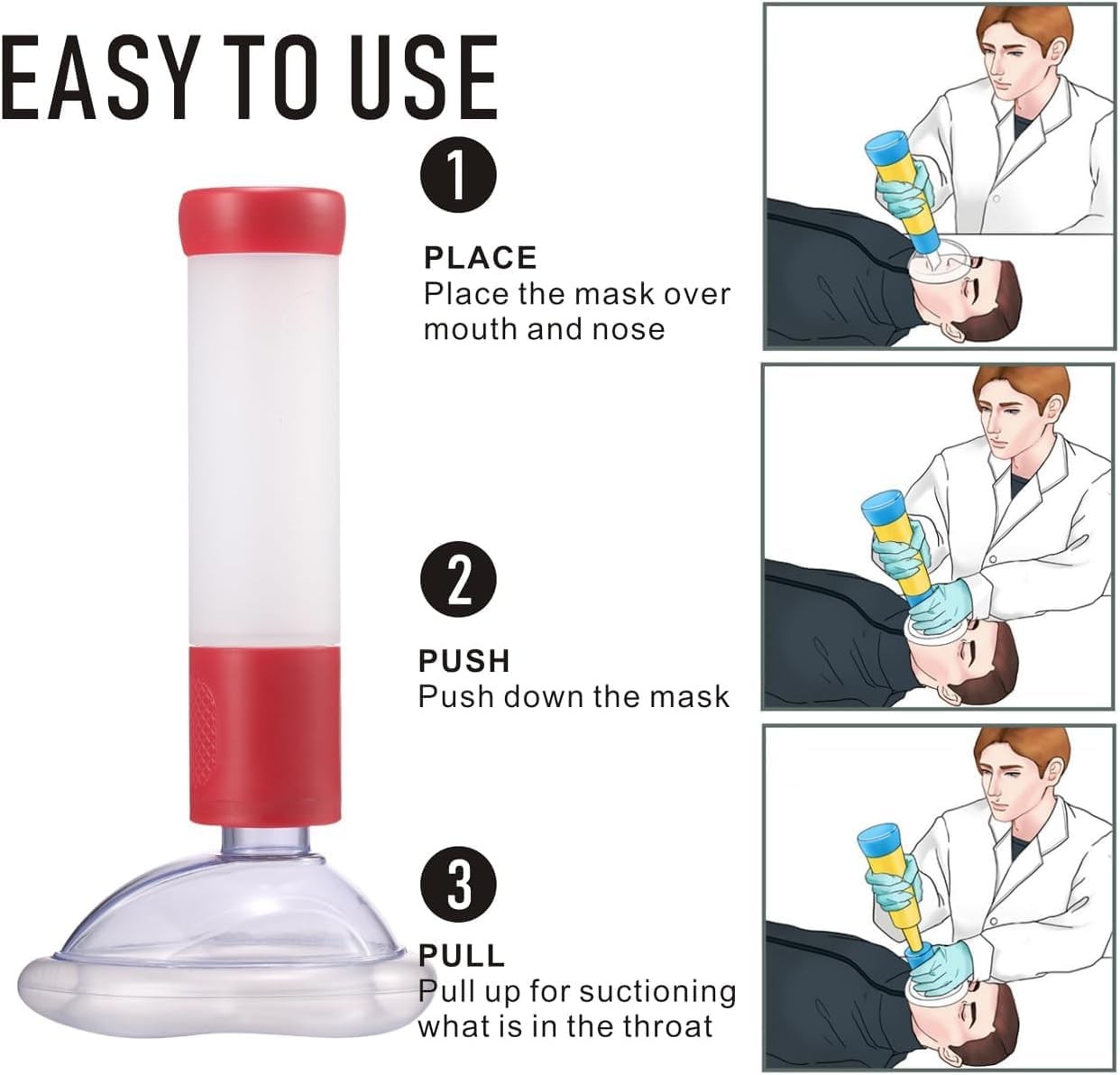 Official ResQVac image with the 3 steps: place, push and pull