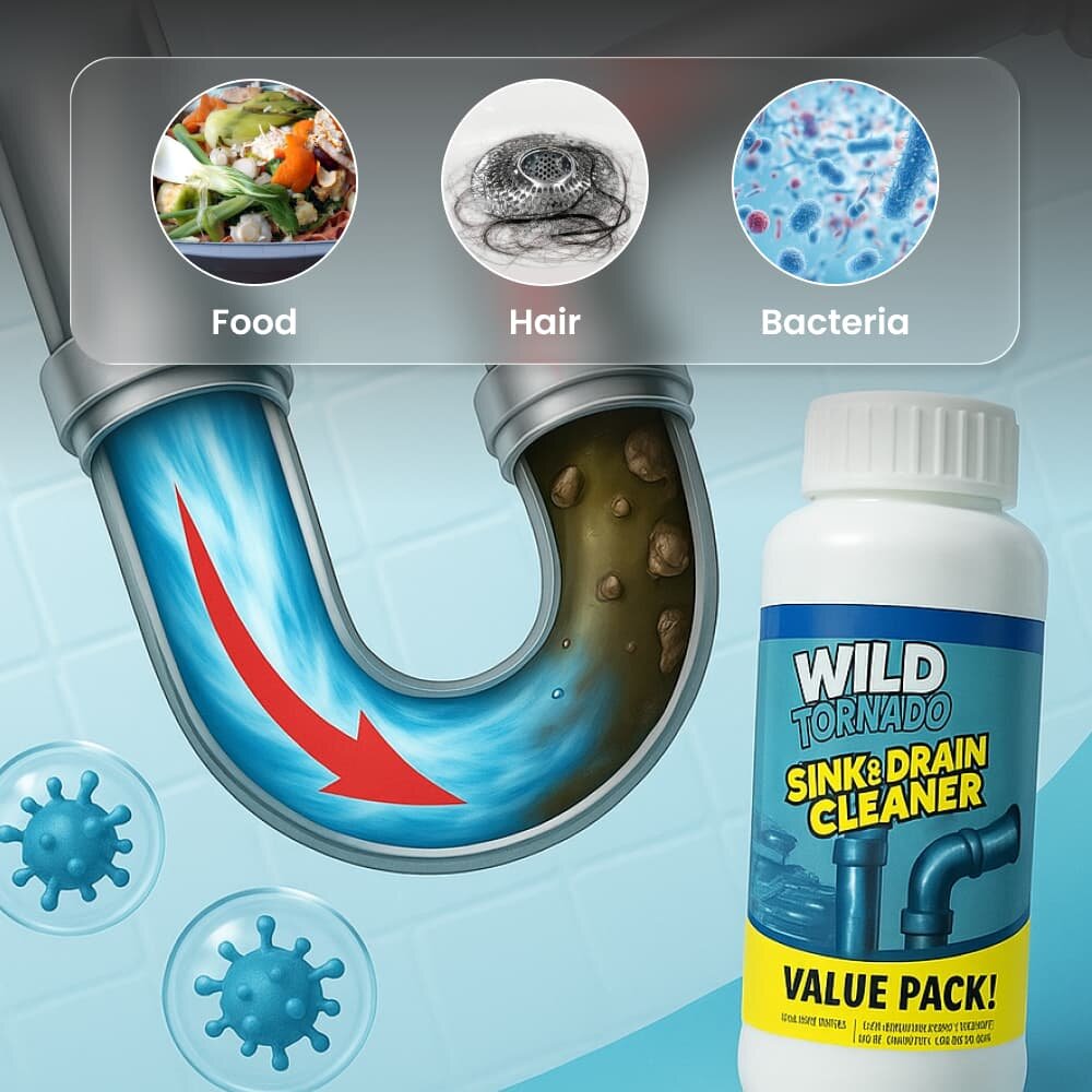SavingStars Drain Cleaner foam clearing food, hair and bacteria from a drain pipe, according to the brand