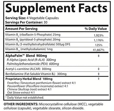 SciatiEase Supplement Facts label: serving size 4 vegetable capsules, 30 servings; vitamin B2 (riboflavin-5-phosphate) 25 mg; vitamin B6 (pyridoxal-5-phosphate) 20 mg; vitamin B9 (5-methyltetrahydrofolate) 500 mcg DFE; vitamin B12 (methylcobalamin) 1 mg; AlphaPalm blend 900 mg: R-alpha lipoic acid 300 mg, palmitoylethanolamide (PEA) 600 mg; acetyl-L-carnitine (ALCAR) 300 mg; benfotiamine 300 mg; proprietary herbal blend 100 mg: feverfew flower, passionflower, Chinese skullcap root and oat straw extracts 4:1; other ingredients: microcrystalline cellulose, vegetable cellulose capsule, vegetable stearate, silicon dioxide